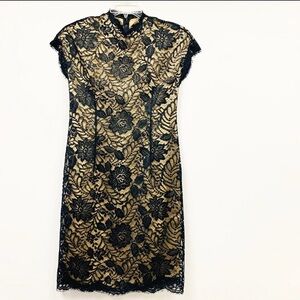 Vintage Geoffrey Beene Size 8 Lace Over Nude Silk Cocktail Sheath Dress